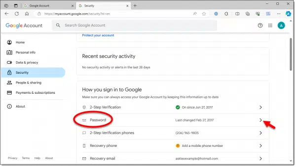 Google password setting.