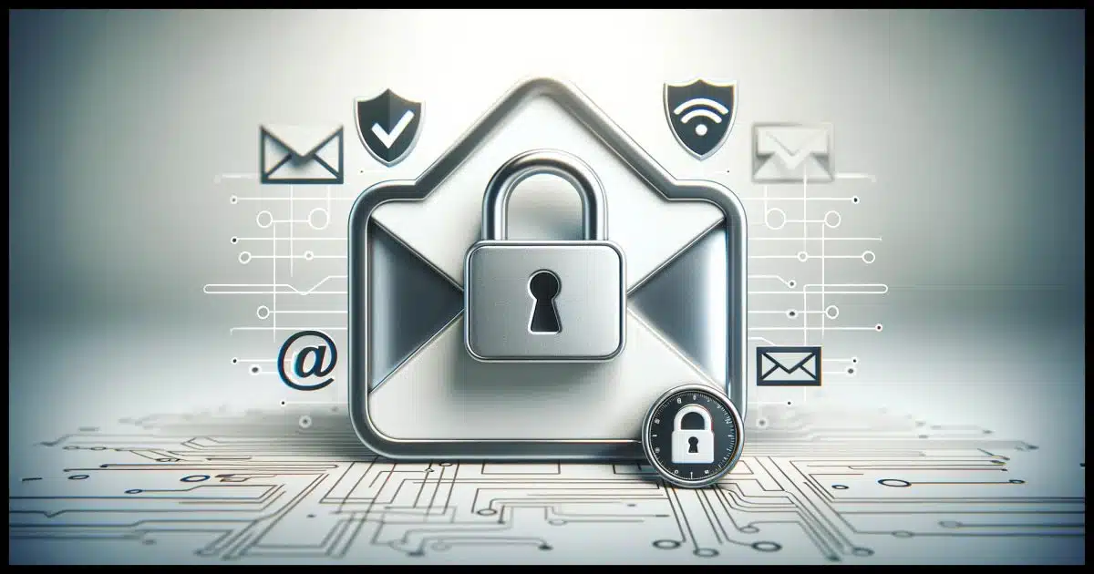 Image featuring a lock superimposed over an email icon. The email icon with the lock is central and surrounded by minimal security symbols, including a subtle shield and a sleek two-factor authentication token. The background is light and uncluttered, focusing on the idea of easy yet effective email protection. The overall aesthetic is clean and straightforward, emphasizing user-friendly digital security.