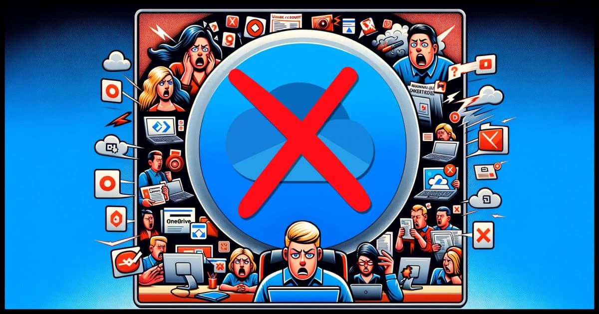 The main feature is a large, central OneDrive icon with a striking red 'X' across it, symbolizing the goal of removal. Surrounding this icon are smaller images of frustrated users at their computers, overwhelmed by OneDrive notifications and pop-ups. Each user's face shows clear annoyance and confusion, representing the intrusiveness of OneDrive. The background includes a concise list of steps for uninstalling OneDrive, like 'Unlink account', 'Uninstall OneDrive app', and 'Organize files'. The design should be bold and straightforward, making it very clear that the tutorial is about removing OneDrive from a Windows computer, appealing to viewers who are looking for a solution to this specific issue.