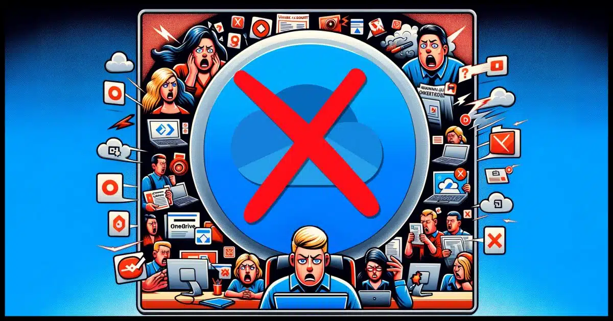 The main feature is a large, central OneDrive icon with a striking red 'X' across it, symbolizing the goal of removal. Surrounding this icon are smaller images of frustrated users at their computers, overwhelmed by OneDrive notifications and pop-ups. Each user's face shows clear annoyance and confusion, representing the intrusiveness of OneDrive. The background includes a concise list of steps for uninstalling OneDrive, like 'Unlink account', 'Uninstall OneDrive app', and 'Organize files'. The design should be bold and straightforward, making it very clear that the tutorial is about removing OneDrive from a Windows computer, appealing to viewers who are looking for a solution to this specific issue.
