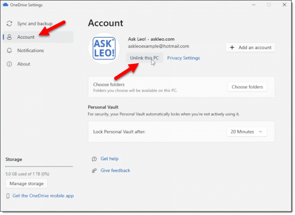 OneDrive Settings Account page.