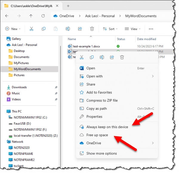 OneDrive file actions.