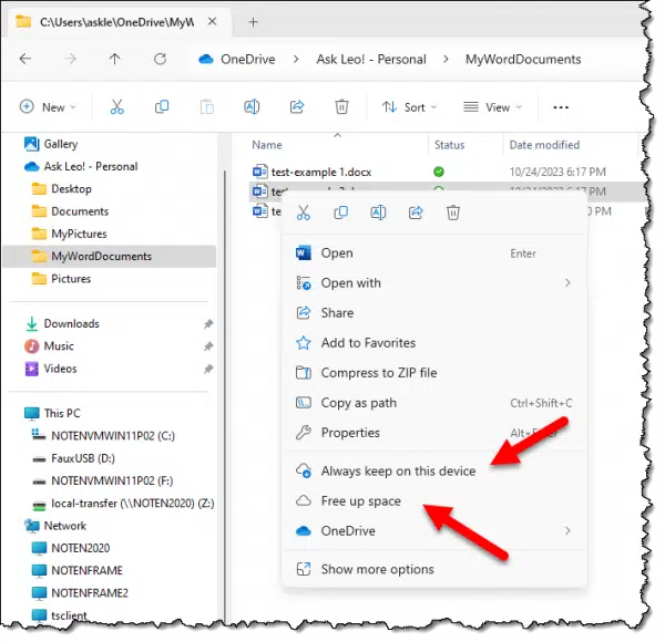 OneDrive file actions.