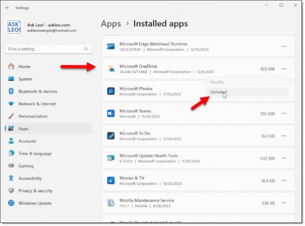 OneDrive in the installed apps list.