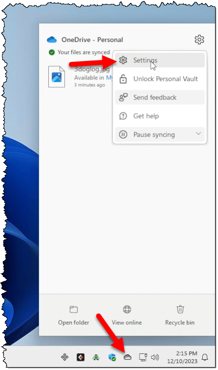 OneDrive notification area menu.