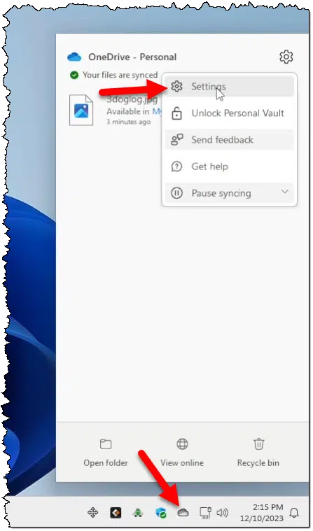 OneDrive notification area menu.