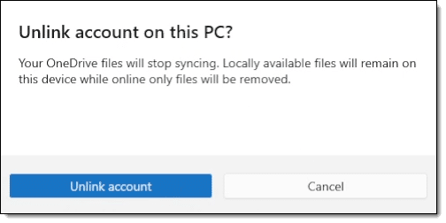 OneDrive unlink confirmation.