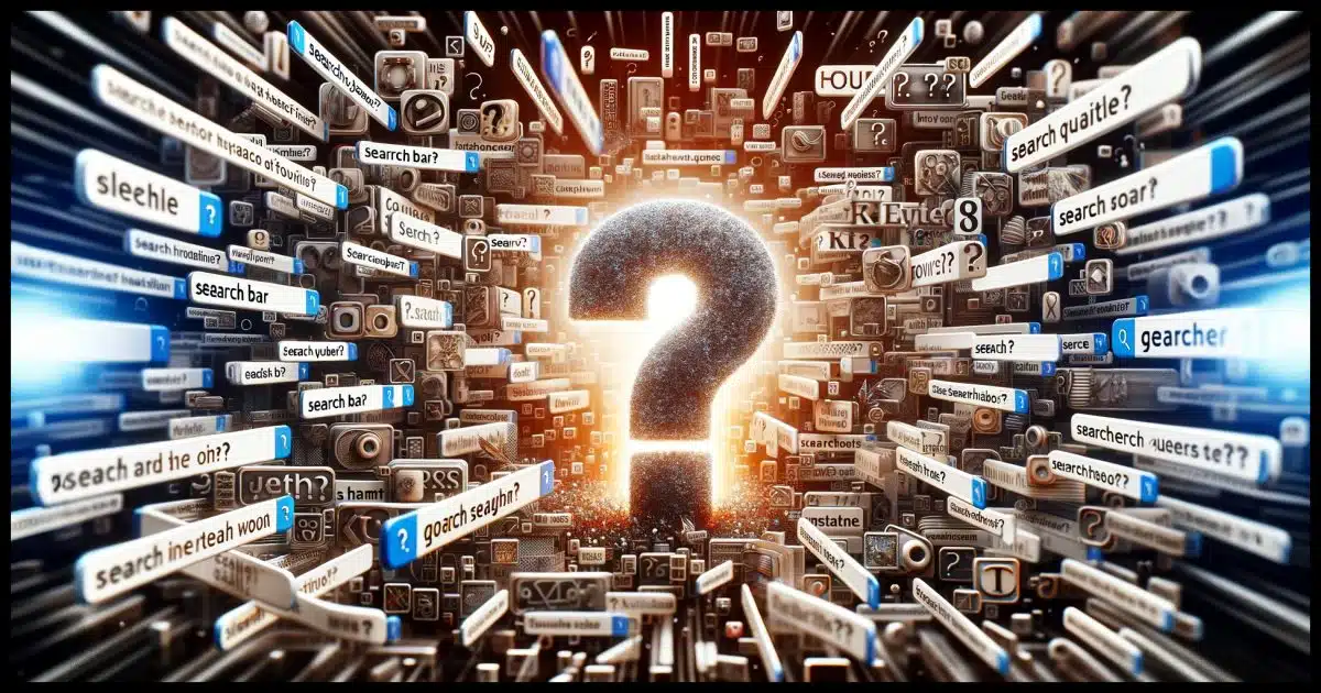 A 16:9 photorealistic collage featuring various search bar queries in different styles and fonts, scattered across the image. In the center, there is a large, bold question mark that stands out against the background of search queries. The overall composition is dynamic and visually appealing, with a focus on the central question mark symbolizing curiosity and the quest for knowledge through internet searches.