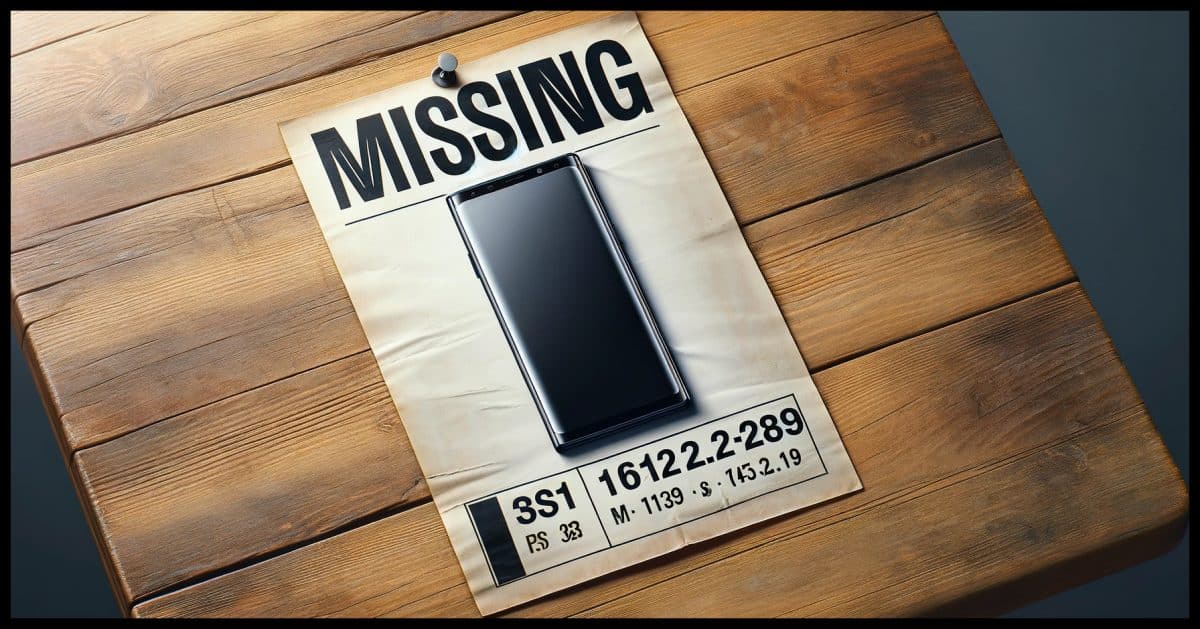 A "Missing" poster. The poster is detailed and looks like it's pinned on a wooden board or wall. The top of the poster has bold, black text saying "Missing". Below the text, there's a high-quality, realistic photo of a mobile phone, depicting it as the missing item. The phone should look distinct and easily recognizable. The poster has a slightly weathered look, as if it has been up for a while, adding to the realism. The overall image captures the essence of a traditional missing item poster, with the unique twist of featuring a mobile phone as the missing object.