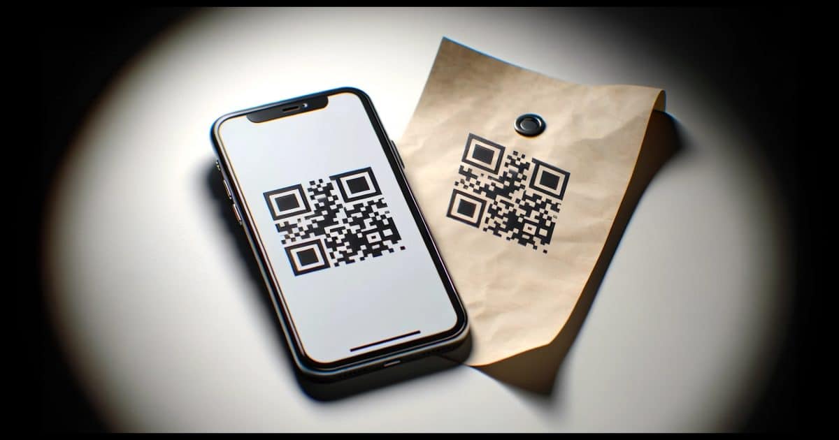 A photorealistic image showing a modern smartphone on the left side of the frame, displaying a QR code on its screen. On the right side, a scrap of paper also showing the same QR code, implying it's a written backup of the code. The background is simple and unobtrusive, focusing attention on the smartphone and the paper. This scene represents the concept of securing a backup for two-factor authentication codes.