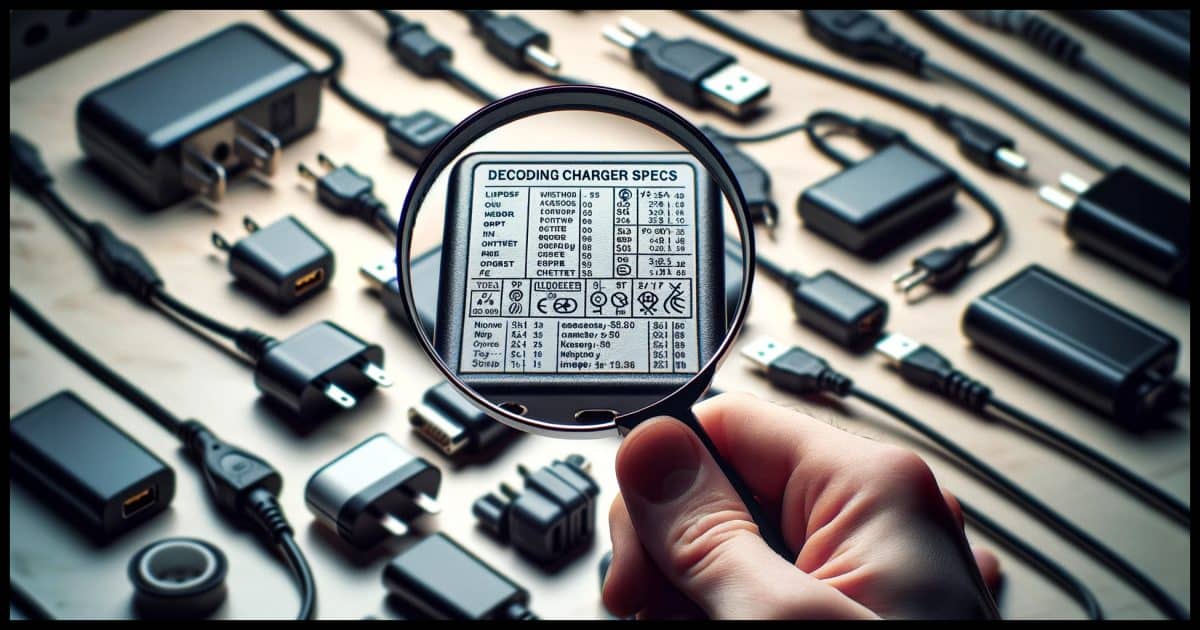 A simple and clean thumbnail about understanding charger specifications. The image features a variety of chargers and power supplies with different connector styles in the background, subtly blurred to focus on the main subject: a magnifying glass in the foreground, highlighting the tiny, hard-to-read text on a charger label. The text on the charger is just visible enough to show numbers and symbols representing input and output power specs. The title 'Decoding Charger Specs' is prominently displayed in bold, easy-to-read font at the top of the image.
