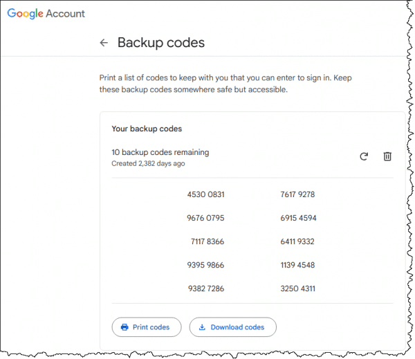 A collection of recovery codes for Google.