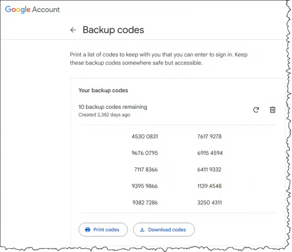 A collection of recovery codes for Google.