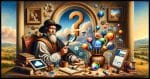 Image in the style of a Renaissance painting, depicting a scene where a scholar from the Renaissance era is holding a magnifying glass, examining a collection of objects that symbolize modern technology - like a computer, cloud symbol, smart home device, and network cables. The objects should be creatively integrated to appear as if they belong in the Renaissance period, with a prominent question mark woven into the scene. The painting should have the rich color palette, detailed textures, and depth characteristic of Renaissance art