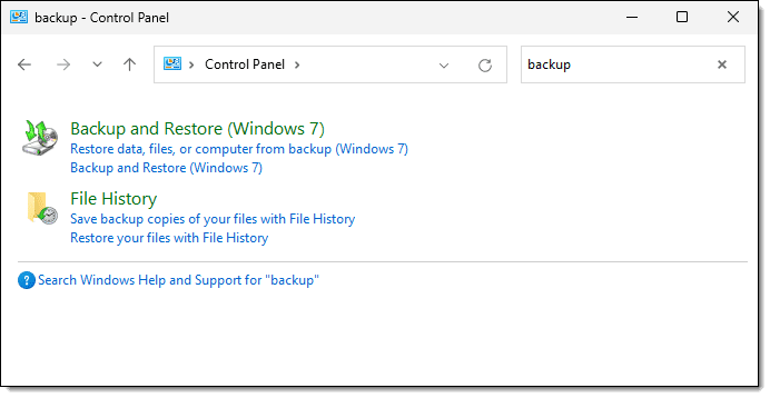 Control Panel searching for Backup.