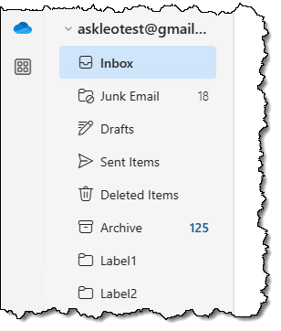 Gmail account in the new Outlook, with labels showing as folders.