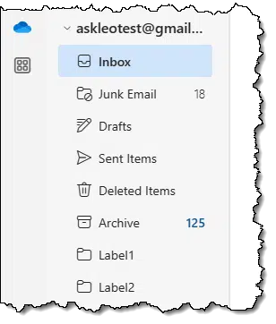 Gmail account in the new Outlook, with labels showing as folders.