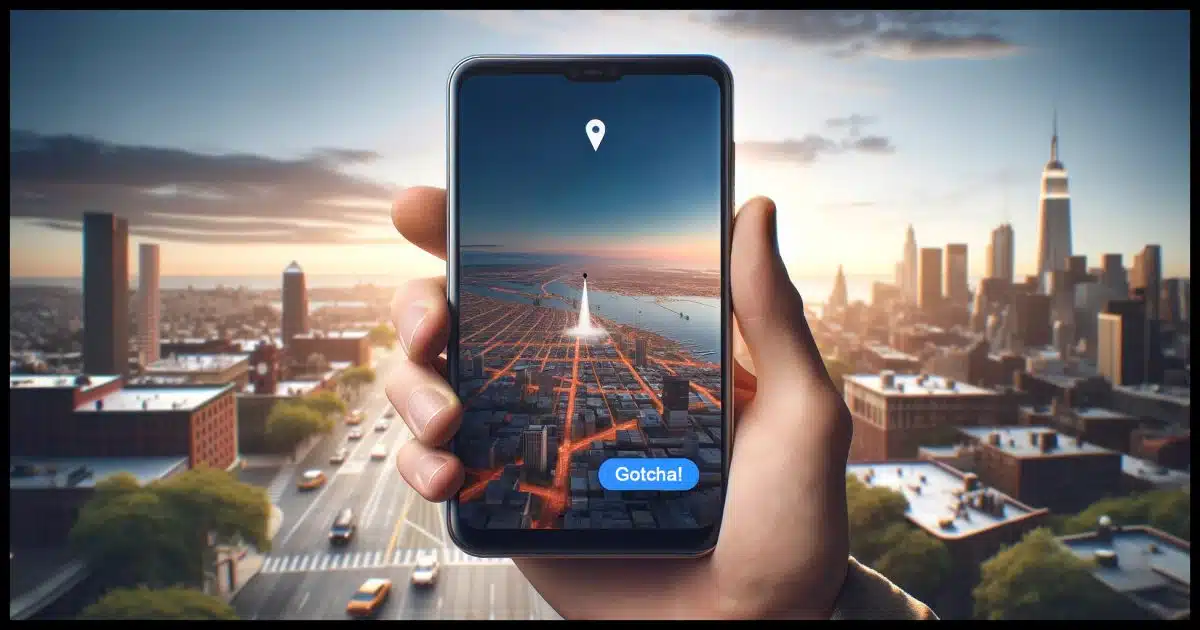 A realistic hand holding a smartphone displaying a map, with recognizable landmarks in the background..