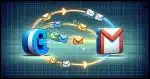 A cartoon-style image representing email transfer between two email providers. Between them, a smooth flow of cartoonish email envelopes, creating a visual path from one to the other. The envelopes should appear as if they are moving seamlessly, symbolizing an easy transfer process. The background is a digital, abstract representation of data transfer, with subtle lines and nodes connecting the two logos, further emphasizing the idea of seamless integration and transition of emails.