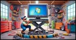 An animated style image showcasing a humorous and exaggerated scene: a desktop computer is securely placed on a more prominent and detailed automotive hoist, which is well-defined and realistic within the animated context. Below the hoist, a cartoonish technician, dressed in colorful mechanic's attire, is comically inspecting the computer from underneath. The garage setting is vibrant and lively, filled with oversized, cartoon-like tools and car parts. The technician, displaying a humorous expression, uses an oversized wrench or tool to interact with the computer, emphasizing the playful nature of the scene. The background includes other whimsical elements typical of an animated mechanic's workshop.