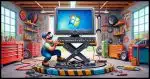 An animated style image showcasing a humorous and exaggerated scene: a desktop computer is securely placed on a more prominent and detailed automotive hoist, which is well-defined and realistic within the animated context. Below the hoist, a cartoonish technician, dressed in colorful mechanic's attire, is comically inspecting the computer from underneath. The garage setting is vibrant and lively, filled with oversized, cartoon-like tools and car parts. The technician, displaying a humorous expression, uses an oversized wrench or tool to interact with the computer, emphasizing the playful nature of the scene. The background includes other whimsical elements typical of an animated mechanic's workshop.