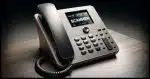 A photorealistic image of a desktop phone, the kind often seen in offices or homes, with a modern design. The phone should have a digital caller ID display prominently showing the word "scammer." The phone's design should be sleek and contemporary, placed in a setting that might suggest its use in either a personal or professional environment. The image should be detailed enough to convey the realism of the scene, including the texture of the phone's materials and the clarity of the caller ID screen.