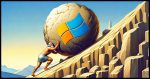 An illustration in a modern digital art style depicting the mythical figure Sisyphus struggling to push a giant boulder up a steep hill. The boulder prominently features the Windows logo, symbolizing the challenges of dealing with Windows operating systems. The scene is set in an ancient Greek environment with a clear sky in the background. The emphasis is on the struggle and determination of Sisyphus, capturing the essence of the myth in a contemporary technological context.