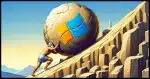 An illustration in a modern digital art style depicting the mythical figure Sisyphus struggling to push a giant boulder up a steep hill. The boulder prominently features the Windows logo, symbolizing the challenges of dealing with Windows operating systems. The scene is set in an ancient Greek environment with a clear sky in the background. The emphasis is on the struggle and determination of Sisyphus, capturing the essence of the myth in a contemporary technological context.
