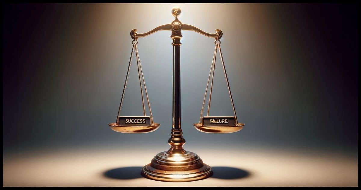 Photorealistic image of a traditional balance scale, with the scales clearly labeled. On one side of the scale, the word 'Success' is visibly written, on the other side, the word 'Failure' is written. The scale is depicted with realistic materials, such as polished brass or steel, and is set against a simple, neutral background to keep the focus on the balance scale. The lighting in the image highlights the reflective surfaces of the scale and the contrasting labels on each side. The image does not contain any additional text, ensuring the message is conveyed solely through the symbolic representation of the balance scale.