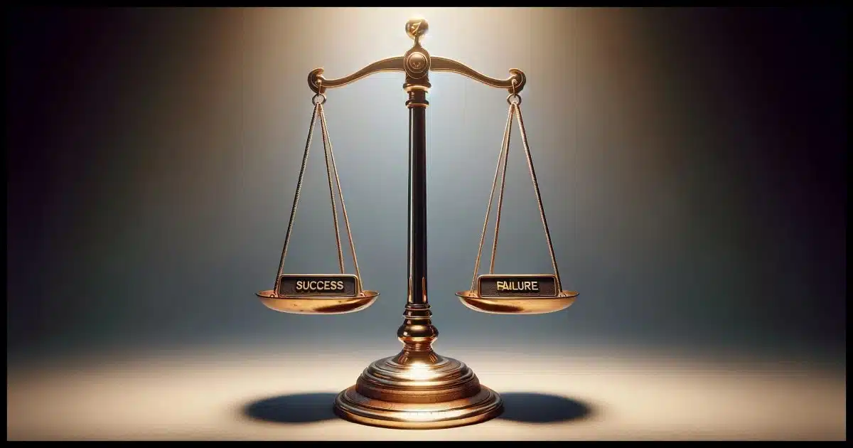 Photorealistic image of a traditional balance scale, with the scales clearly labeled. On one side of the scale, the word 'Success' is visibly written, on the other side, the word 'Failure' is written. The scale is depicted with realistic materials, such as polished brass or steel, and is set against a simple, neutral background to keep the focus on the balance scale. The lighting in the image highlights the reflective surfaces of the scale and the contrasting labels on each side. The image does not contain any additional text, ensuring the message is conveyed solely through the symbolic representation of the balance scale.