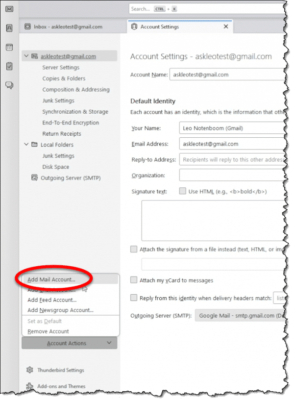 Thunderbird add an email account option.