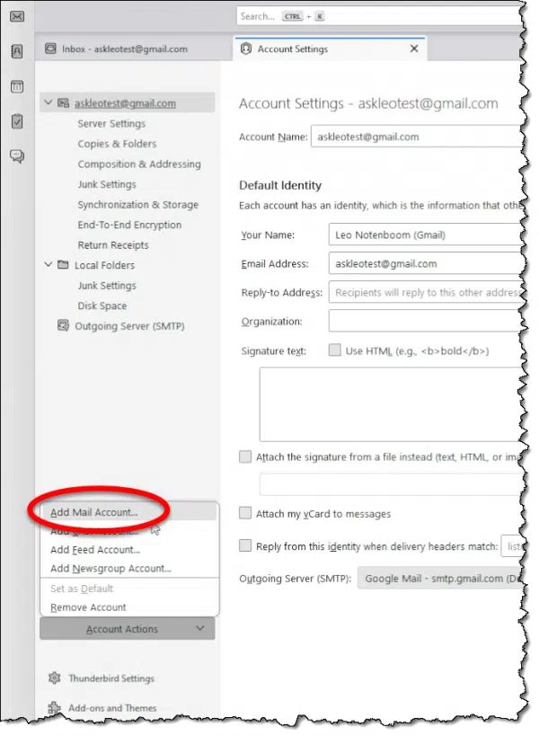 Thunderbird add an email account option.