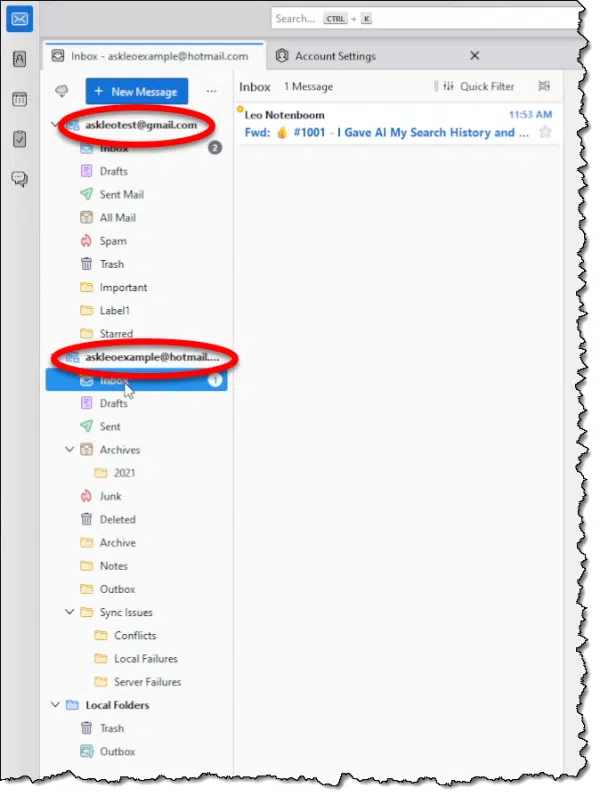 Thunderbird configured for two accounts.