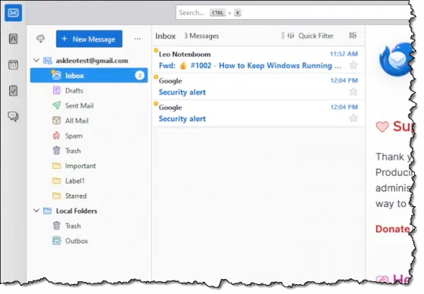 Gmail account open in Thunderbird.