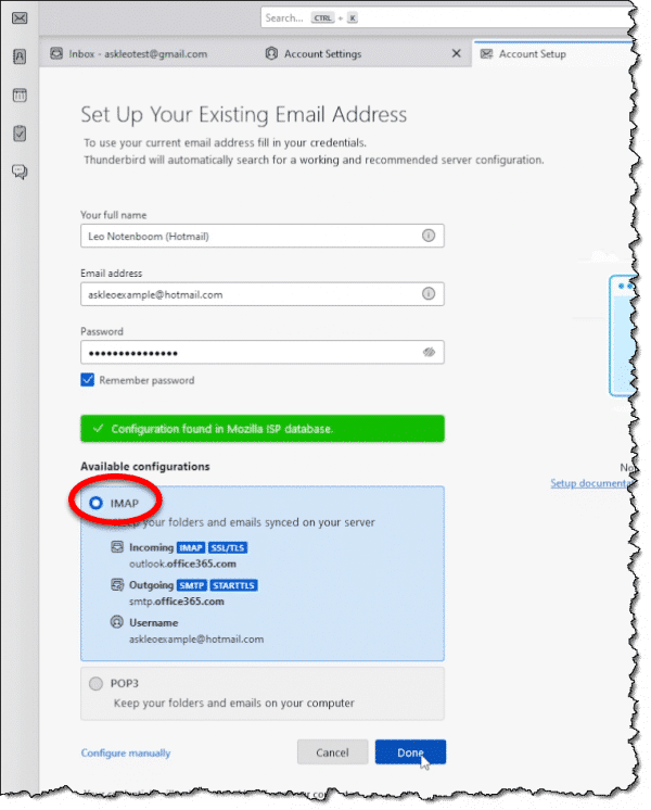 Configuring a Hotmail account in Thunderbird.