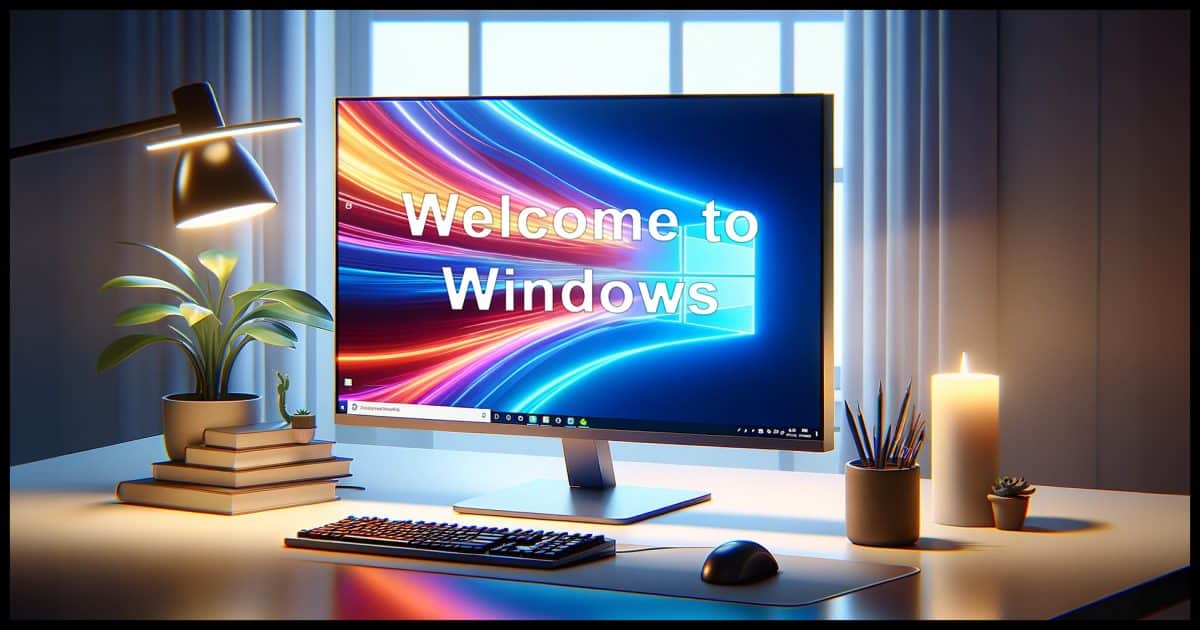 A bright and photorealistic thumbnail showing a desktop computer screen. The desktop computer is modern and sleek, prominently positioned in the center of the image. The screen of the computer vividly displays Welcome to Windows with clear, legible textThe environment around the computer is minimal and professional, focusing the viewer's attention on the screen. The lighting is well-balanced, highlighting the details of Windows, and the overall image composition is designed to be eye-catching and engaging for viewers interested in learning about installing or setting up Windows.