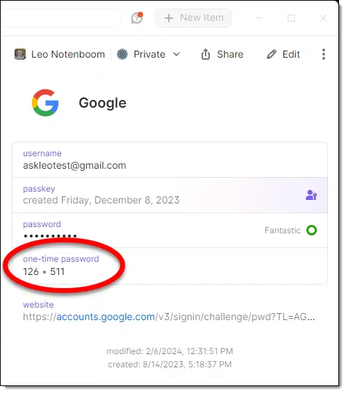 TOTP Codes in 1Password