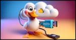A cartoon duck stands in the middle of a vibrant, digitally illustrated scene, holding a USB cable. The left end of the USB cable is plugged into a fluffy, cartoonish cloud.