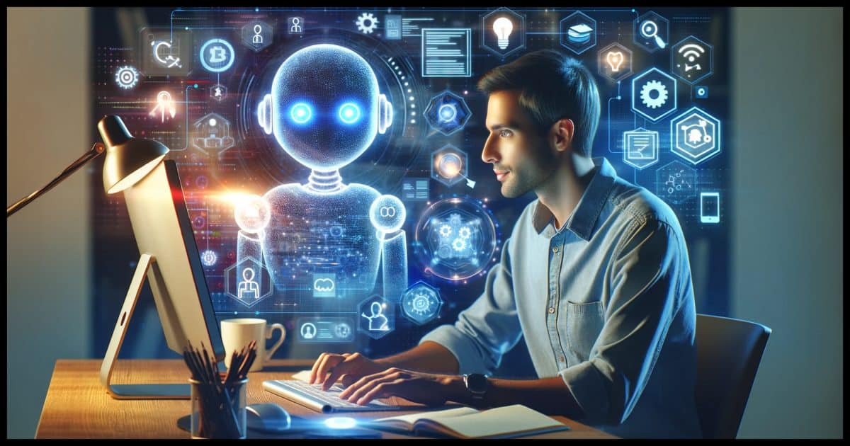 An illustration showing a man working on his computer with a virtual AI assistant depicted as a friendly robot or hologram hovering nearby, suggesting collaboration. The background is filled with digital icons representing technology and creativity, highlighting the partnership between human insight and AI support. The scene conveys a sense of innovation and teamwork between the man and the AI, with elements such as gears, light bulbs, and digital code symbols subtly integrated into the background. The man appears focused and engaged, while the AI assistant exudes a helpful and supportive aura, creating an environment of mutual respect and synergy.