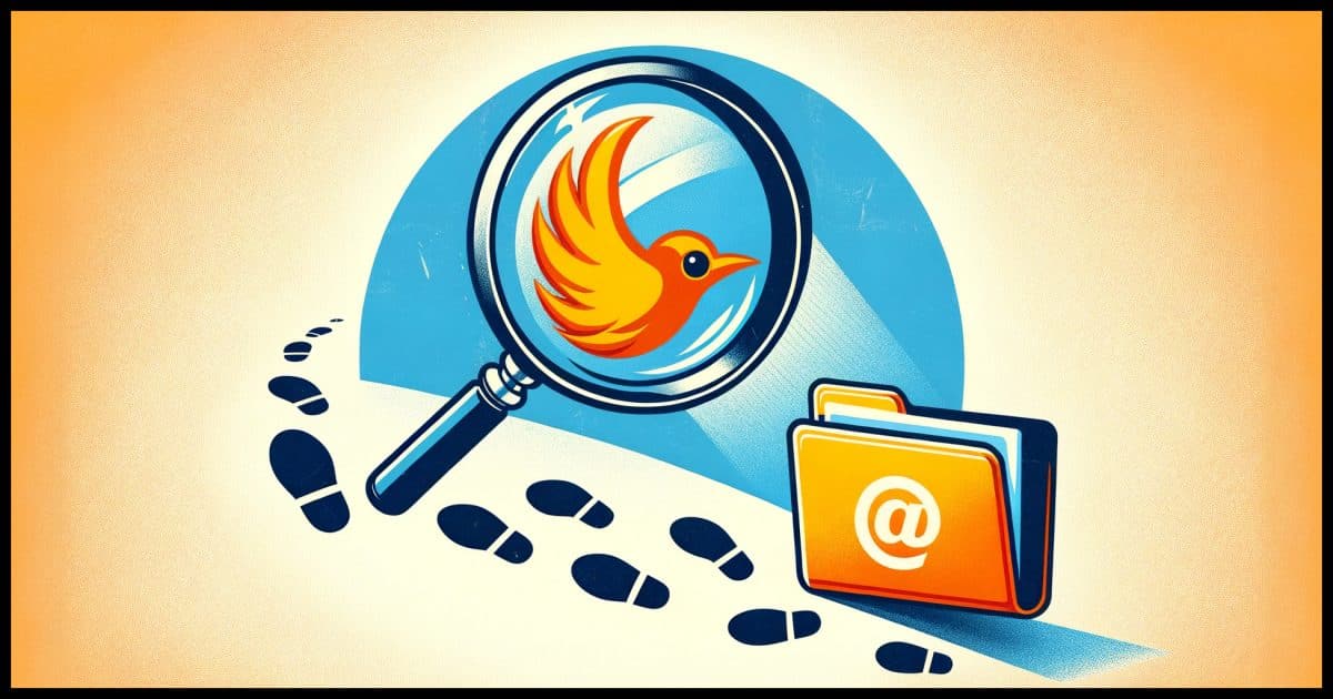 A magnifying glass hovering over a Thunderbird email client logo, with a series of footsteps leading from the logo to an illustrated folder labeled "Profiles." 