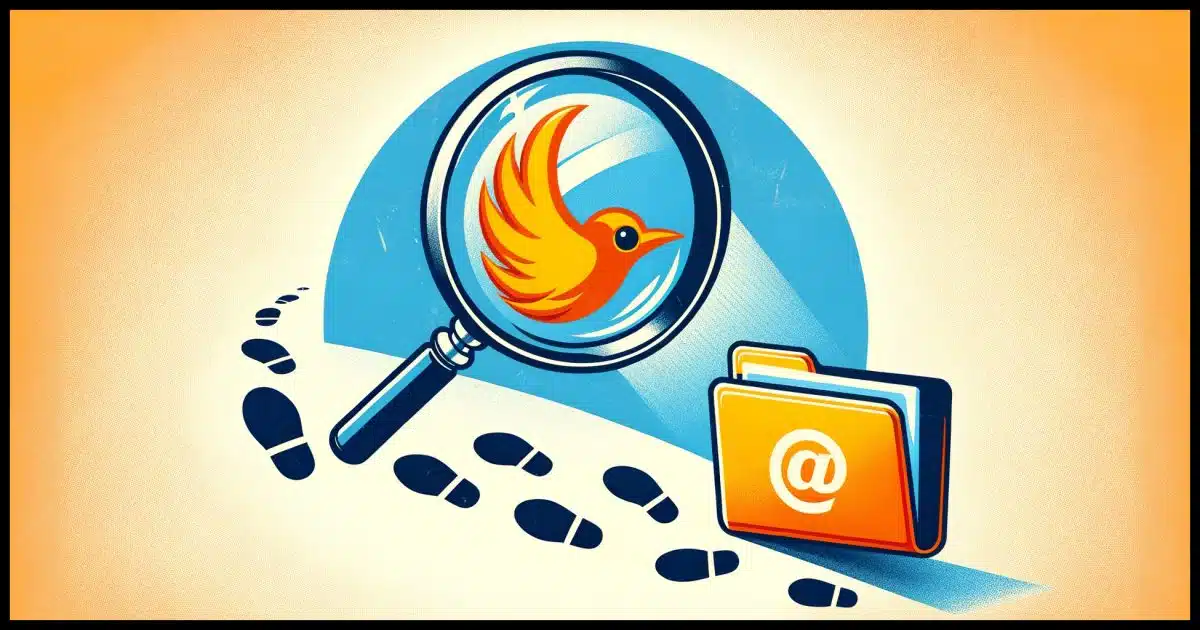 A magnifying glass hovering over a Thunderbird email client logo, with a series of footsteps leading from the logo to an illustrated folder labeled "Profiles."