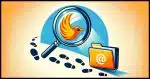 A magnifying glass hovering over a Thunderbird email client logo, with a series of footsteps leading from the logo to an illustrated folder labeled "Profiles."