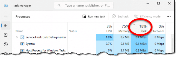 Task Manager Disk Usage column.