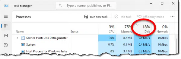Task Manager Disk Usage column.