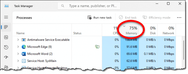 Task Manager Memory Usage column.