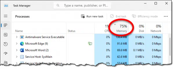 Task Manager Memory Usage column.