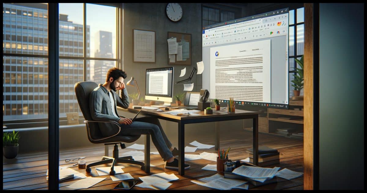 A person in an office environment, looking slightly frustrated, sitting at a desk with a computer screen open. On the screen, a PDF document is displayed, and next to it, a Google Docs window showing a partially converted document with noticeable formatting differences. The room is filled with technology gadgets and a large window showing a cityscape outside, suggesting a modern, tech-savvy individual dealing with the challenge of converting a PDF to a Word document using Google Drive. Scattered on the desk are notes and a pen, hinting at the manual effort required to clean up the converted document. This scene captures the essence of the struggle and workaround for editing PDFs, which were never meant to be edited or converted, highlighting the free solution provided by Google Drive and Docs.