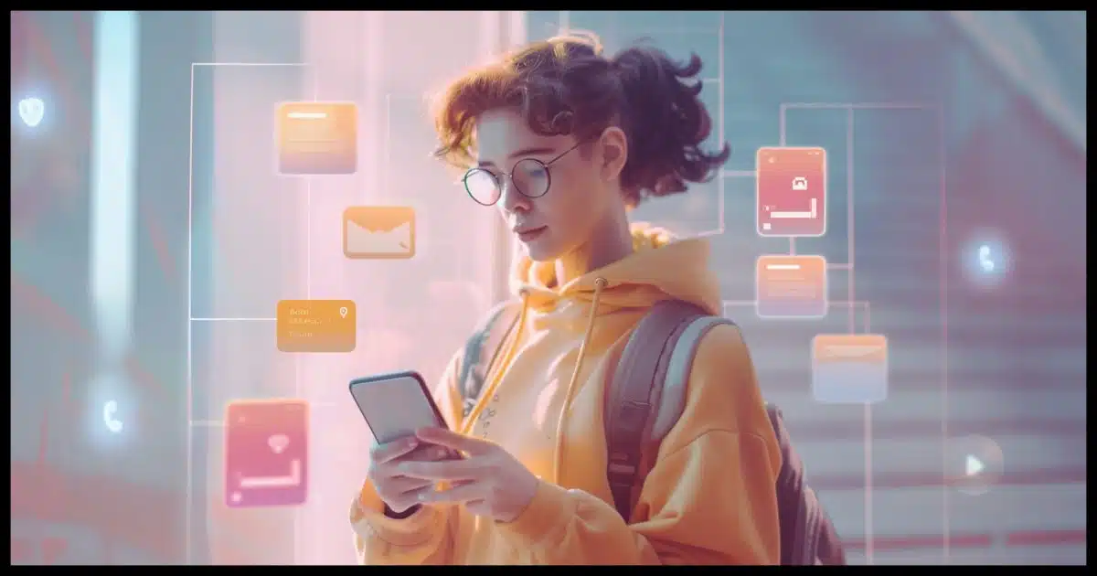 An image that illustrates the concept of maintaining continuity and avoiding complications by keeping the same phone number when changing phones or providers. The image depicts a person holding a new smartphone,. The background features a series of faded icons representing different online services (like email, banking, and social media), emphasizing the importance of updating recovery information.