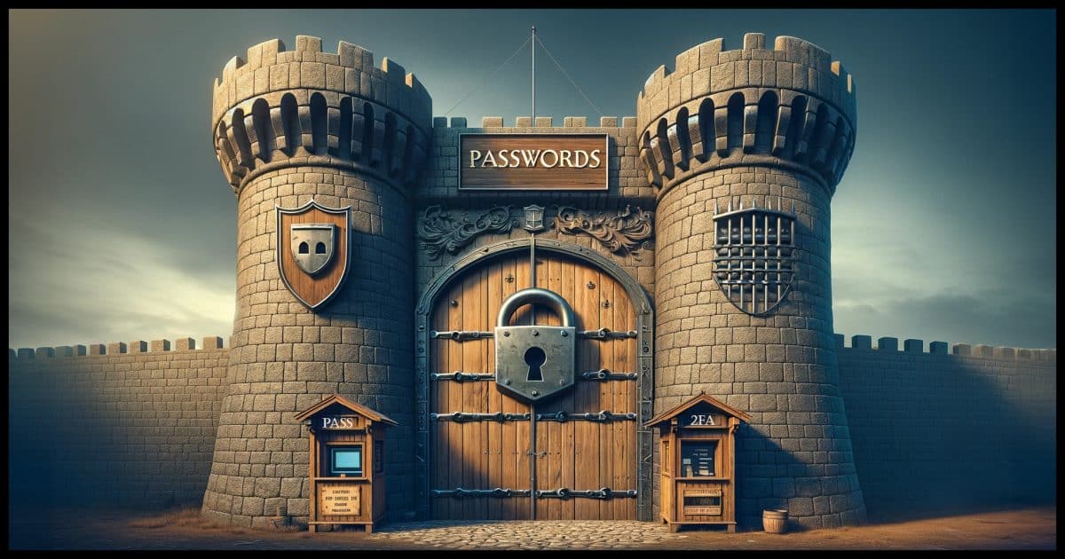 A formidable fortress stands under a clear sky, its design a blend of medieval strength and modern mystery. The large, wooden door at the fortress's entrance is secured with a robust lock, symbolizing protection and secrecy. Above this door, a sign boldly proclaims "Passwords," hinting at the digital fortification concepts within. Emblazoned on the door is a shield, an emblem of defense and security. Beside the main entrance, a small, quaint ticket kiosk offers a juxtaposition to the fortress's grandeur. This kiosk sports a sign that reads "2FA," and another says "PASS", suggesting a modern, technological gateway requirement akin to two-factor authentication. The entire scene merges the aesthetic of ancient castles with contemporary cybersecurity themes, illustrating a unique intersection of the past and present security measures.
