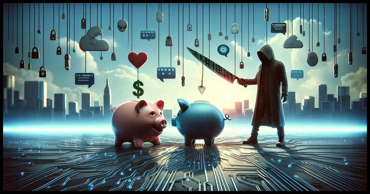 The scene includes a metaphorical depiction of the scam process, showing a digital landscape with a piggy bank standing on one side, looking full and healthy, connected by a series of digital pathways and strings to a shadowy figure on the other side, who holds a butcher knife made of binary code, symbolizing the scammer preparing to 'butcher' the victim's savings. The background is a mix of digital and real elements, such as a cityscape blending into a circuit board, representing the intersection of technology and everyday life where these scams take place. Include symbols like chat bubbles, hearts, and dollar signs floating between the piggy bank and the shadowy figure to represent the building of trust, emotional manipulation, and financial transactions involved in the scam. The overall atmosphere should be ominous yet subtle, highlighting the deceptive and hidden dangers of online scams.